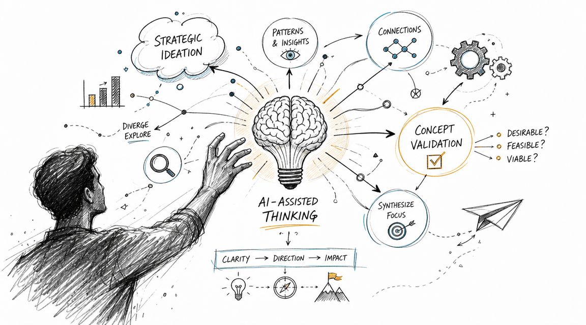 A hand-drawn illustration depicting a person interacting with an AI-assisted thinking brain and lightbulb graphic concept.