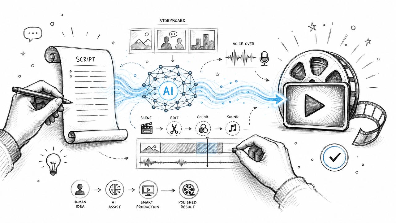 A conceptual illustration showing the AI content generation process from script writing to polished video production.