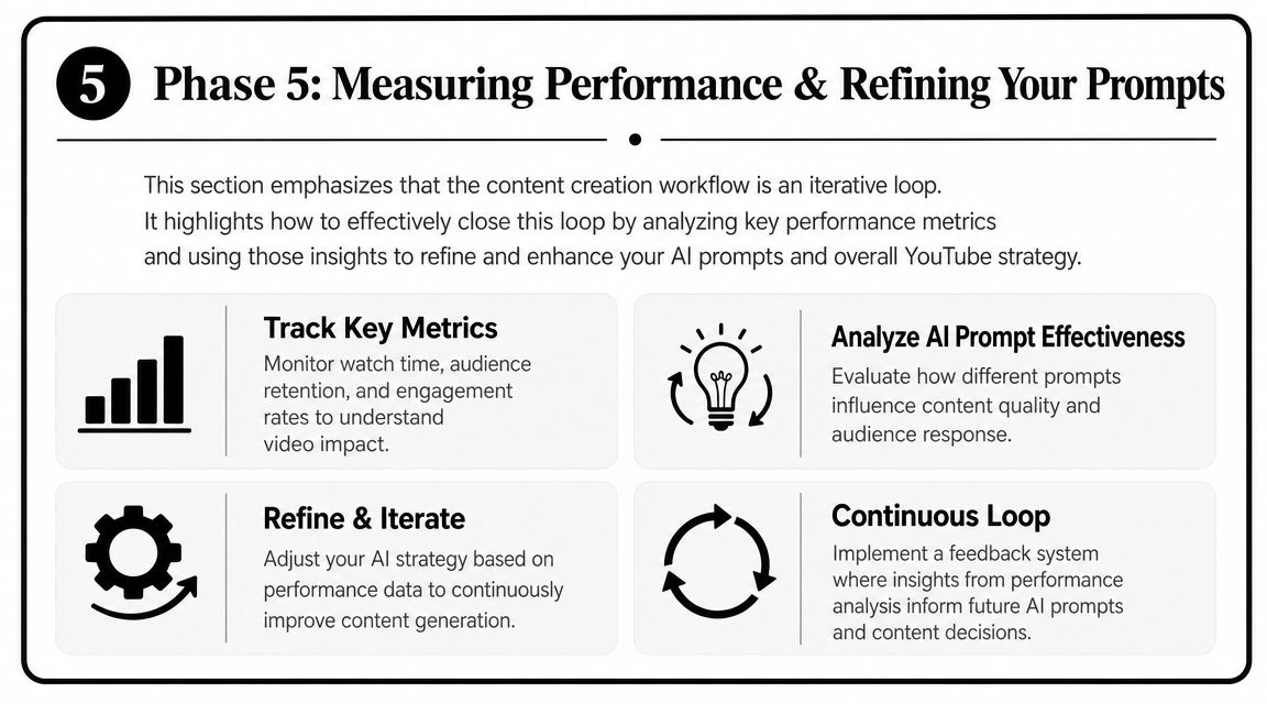 A diagram outlining phase 5 of a YouTube content workflow focused on measuring performance and refining AI prompts.