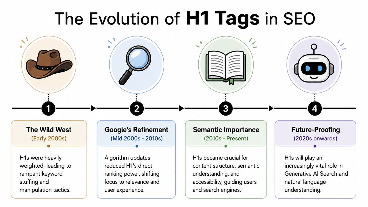 An infographic showing the historical evolution of H1 tags in SEO from the 2000s to the future.
