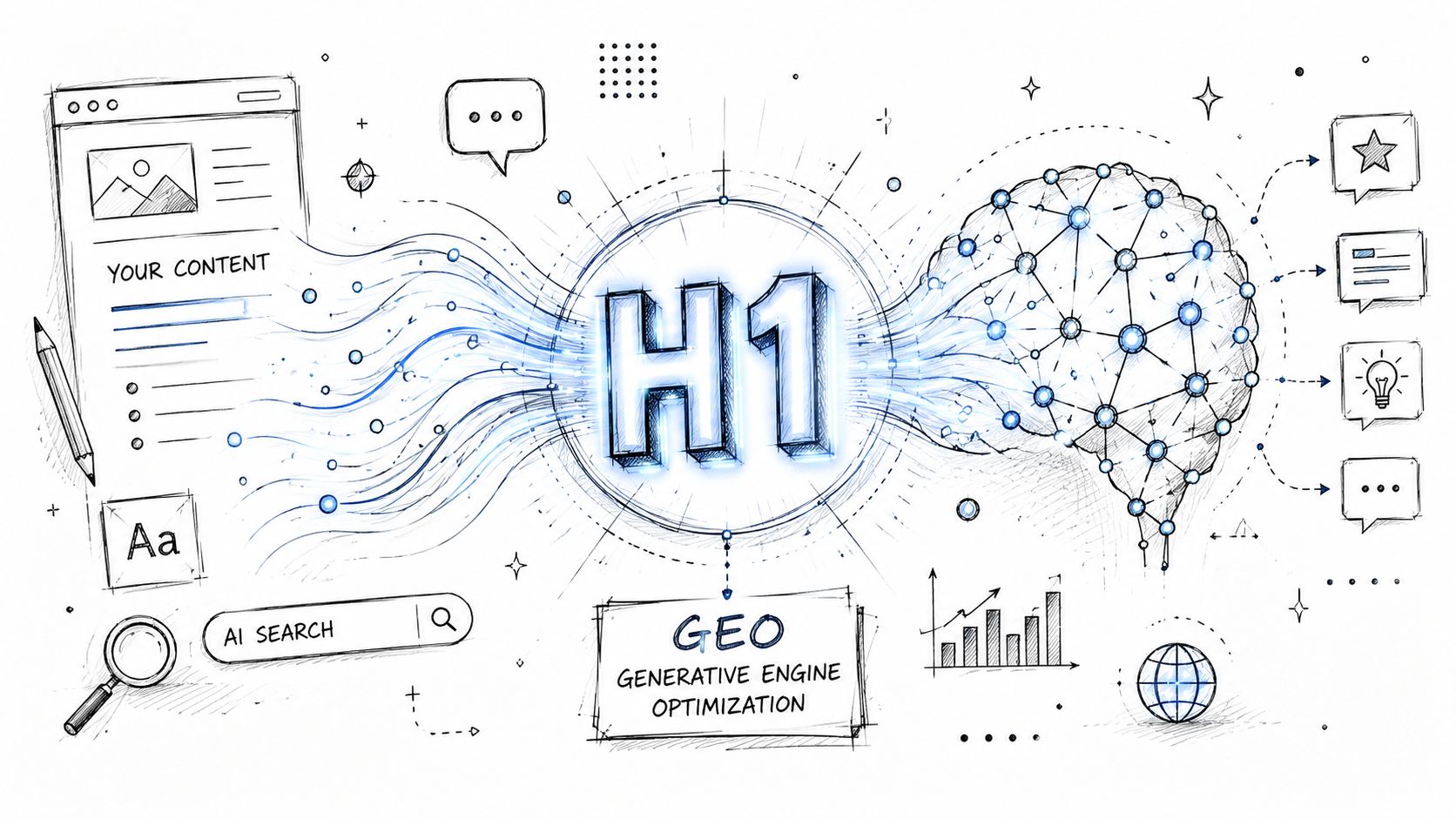 A conceptual illustration showing how content connects through H1 tags to generative AI engines for optimization.