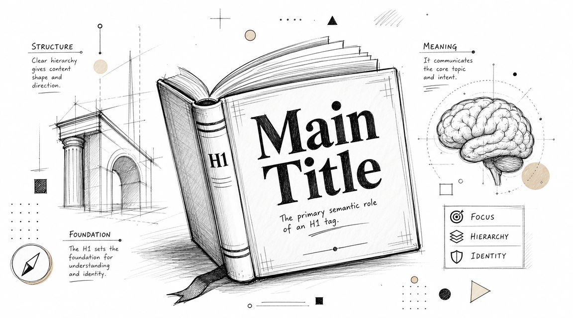 A hand-drawn illustration depicting an open book labeled H1, explaining the semantic importance of H1 tags for SEO.