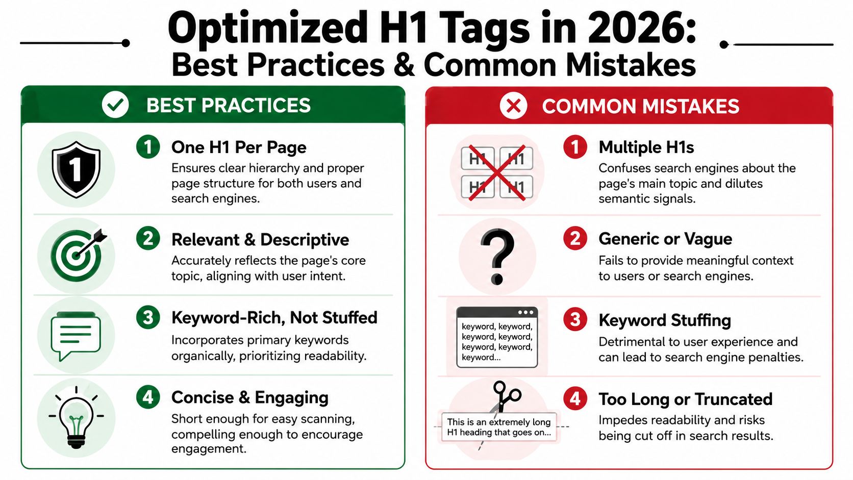 An infographic outlining best practices and common mistakes for optimizing H1 tags for SEO in 2026.