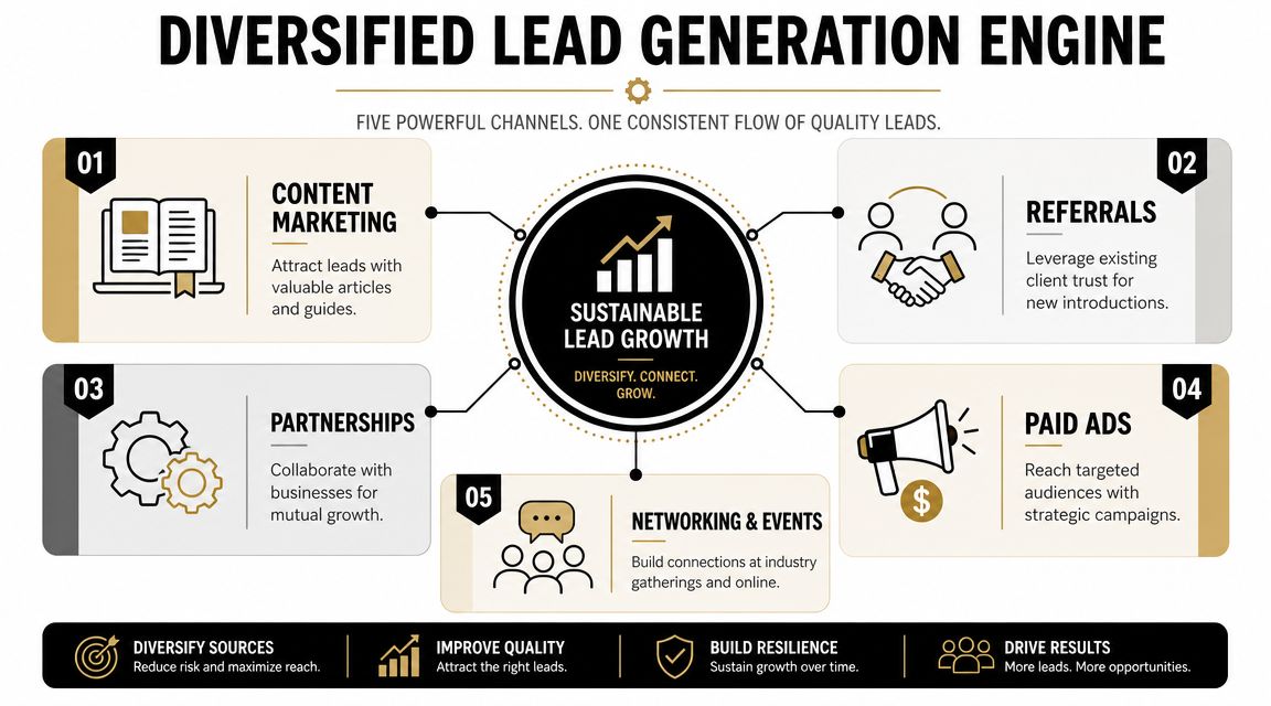 A diagram illustrating a diversified lead generation engine with five marketing channels for sustainable business growth.