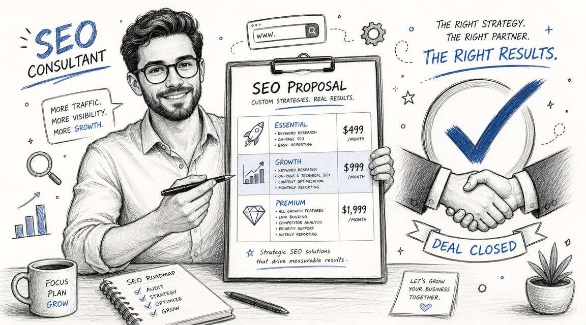 A professional SEO consultant presenting a pricing proposal chart with service packages for digital marketing growth strategy.