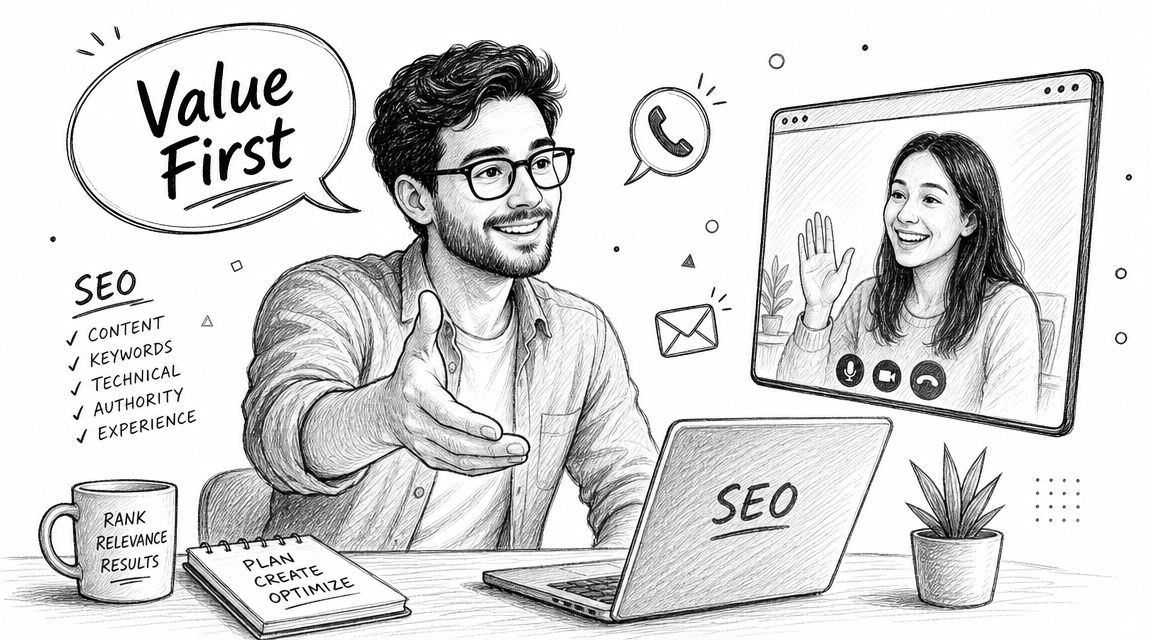A professional man video calling a client to discuss SEO strategies and building business value.