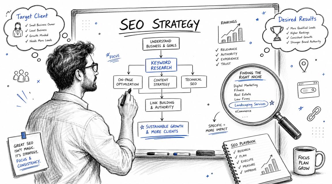 A professional strategist planning an SEO growth strategy on a whiteboard with various marketing steps.