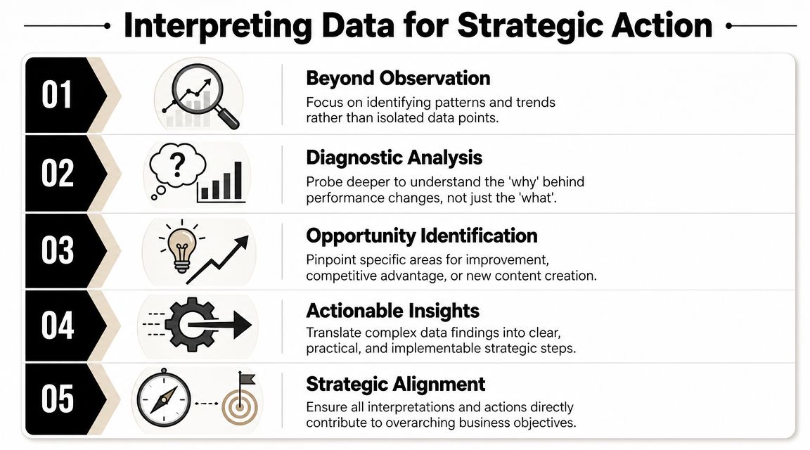 A five-step infographic titled Interpreting Data for Strategic Action, detailing steps from observation to strategic alignment.