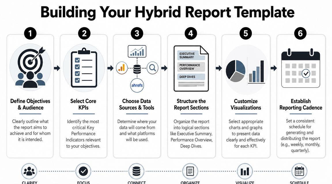 A six-step infographic guide explaining how to build an effective hybrid digital marketing report template.