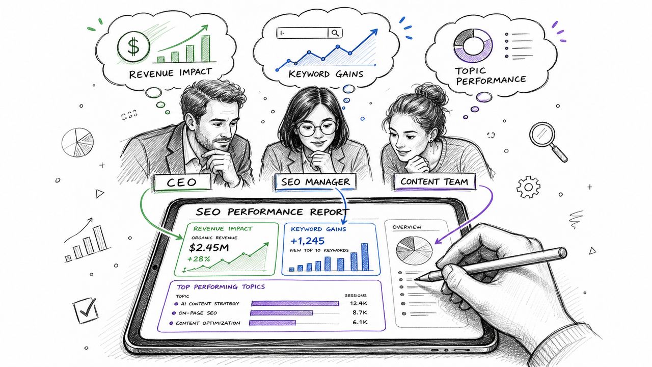 A professional team reviewing an SEO performance report on a tablet featuring revenue and keyword growth analytics.