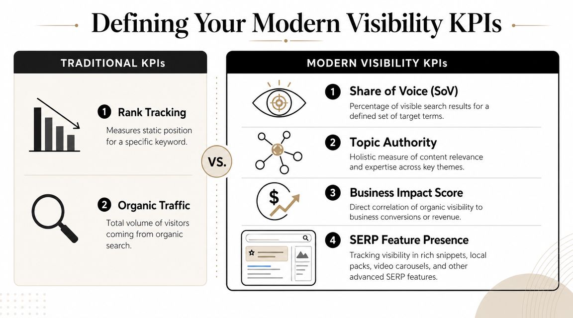 A comparison chart showing traditional metrics like rank tracking versus modern SEO visibility KPIs for digital marketing.