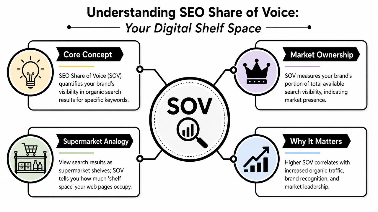A diagram explaining SEO Share of Voice as a measurement of digital shelf space and search visibility.