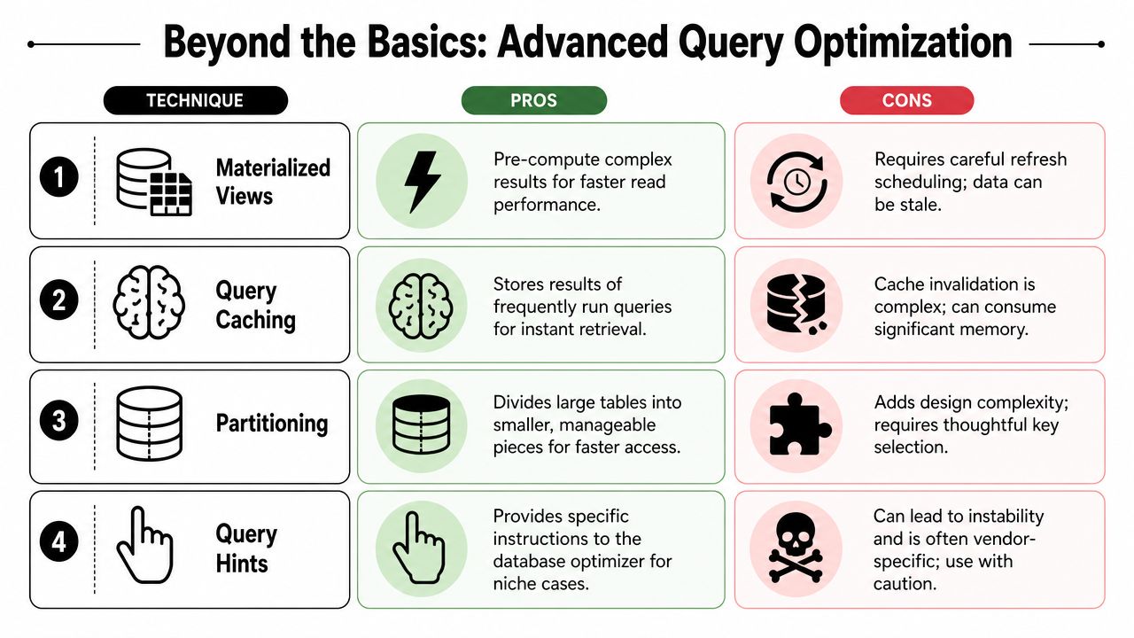 A chart showing four advanced query optimization techniques including materialized views, query caching, partitioning, and query hints.