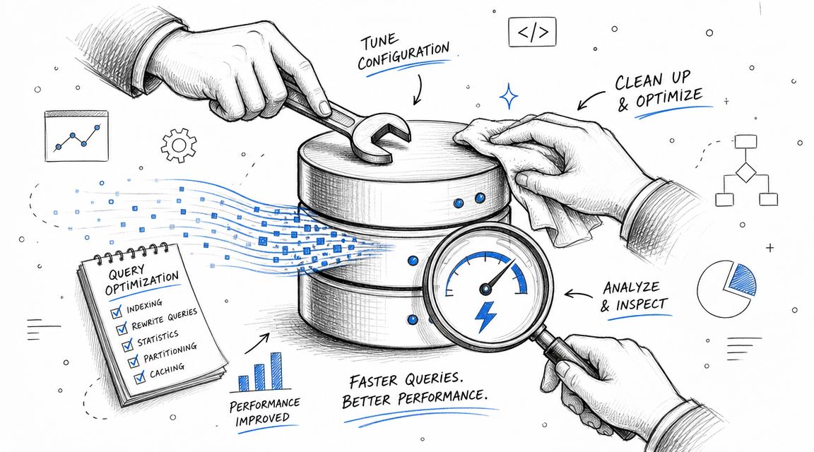 A hand-drawn illustration depicting database maintenance, performance tuning, and query optimization techniques with various technical symbols.
