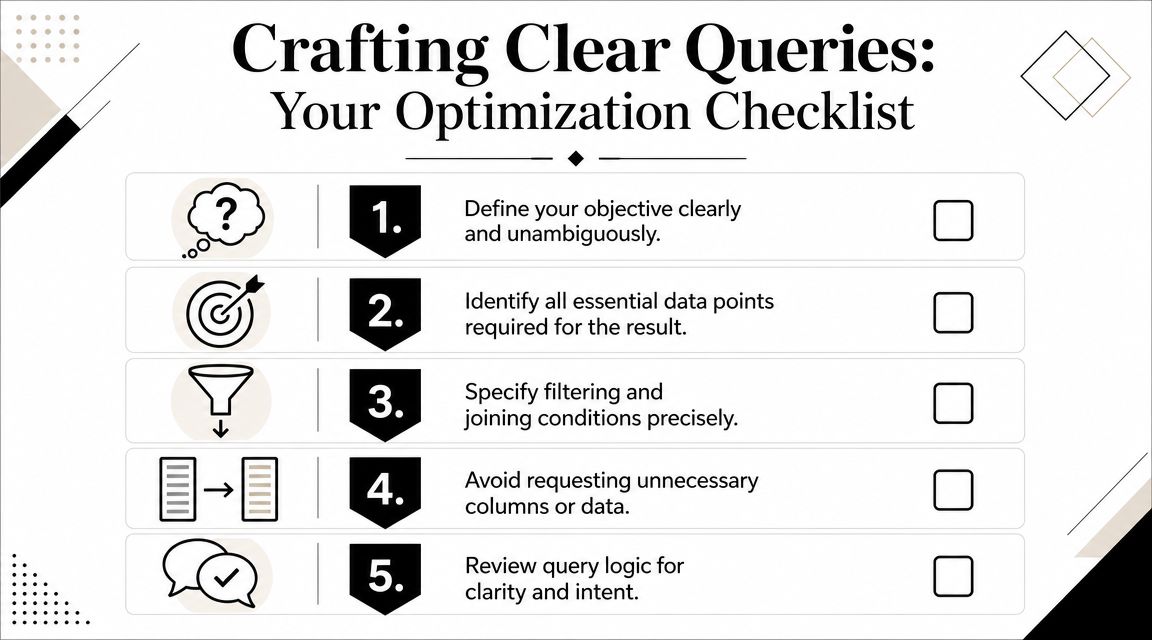 A checklist infographic titled Crafting Clear Queries, listing five best practices for optimizing database query performance.