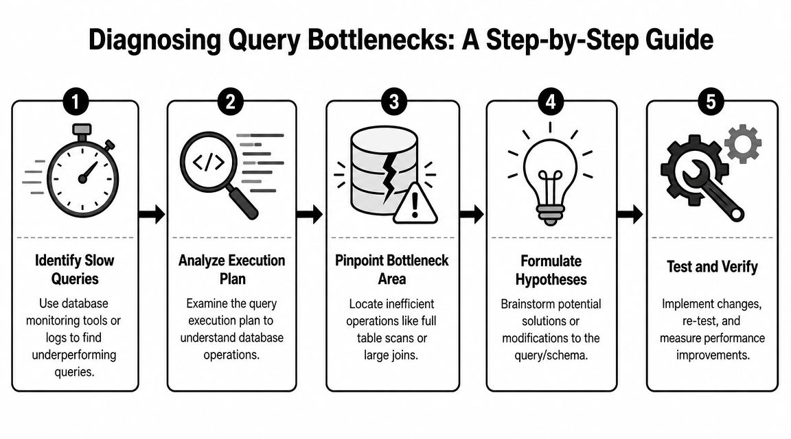 A five-step infographic showing the systematic process for diagnosing and resolving database query performance bottlenecks.